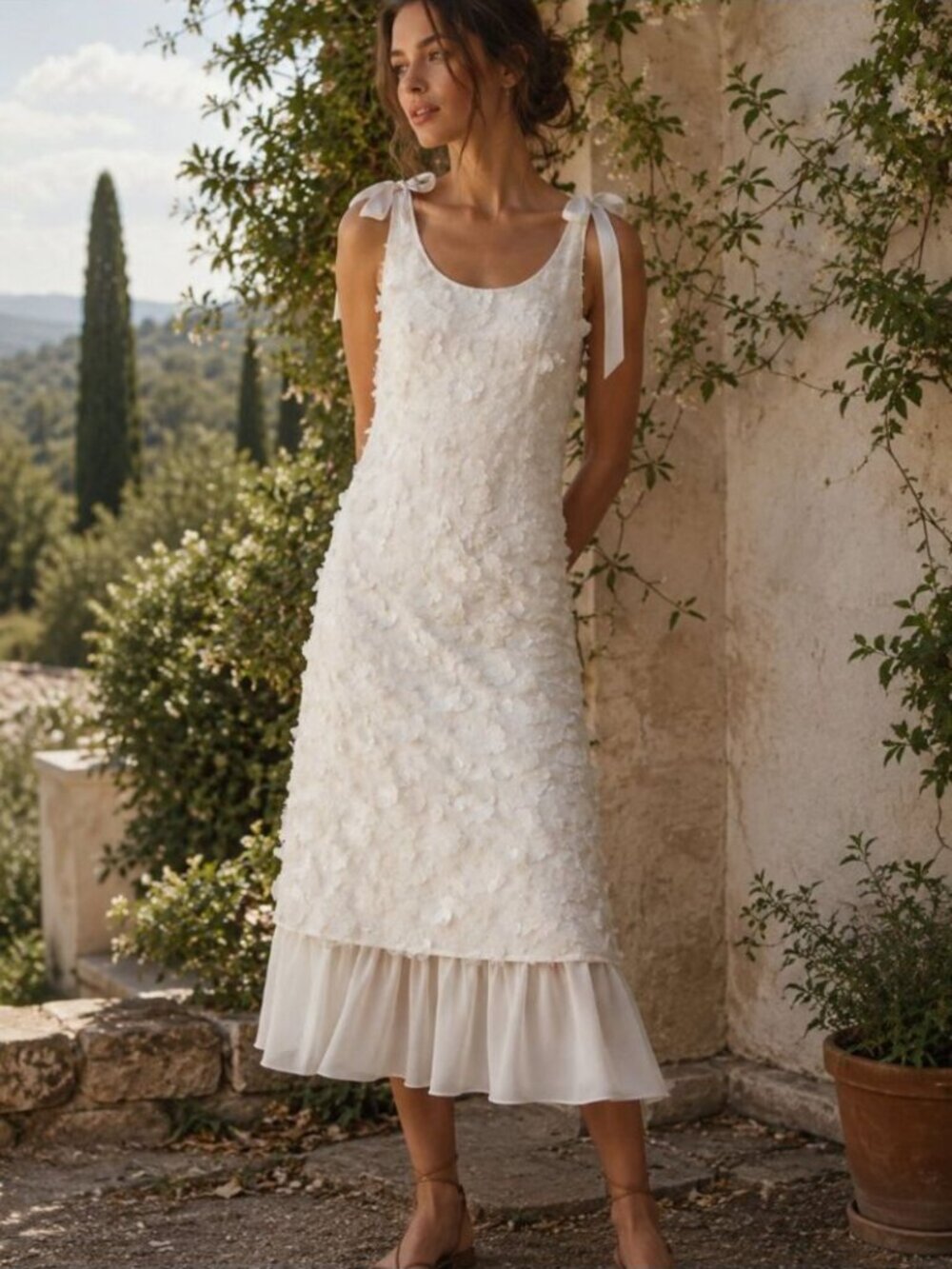 Anthropologie x En Saison Emryn Sequin A-Line Bow Midi Dress Cream Size Small